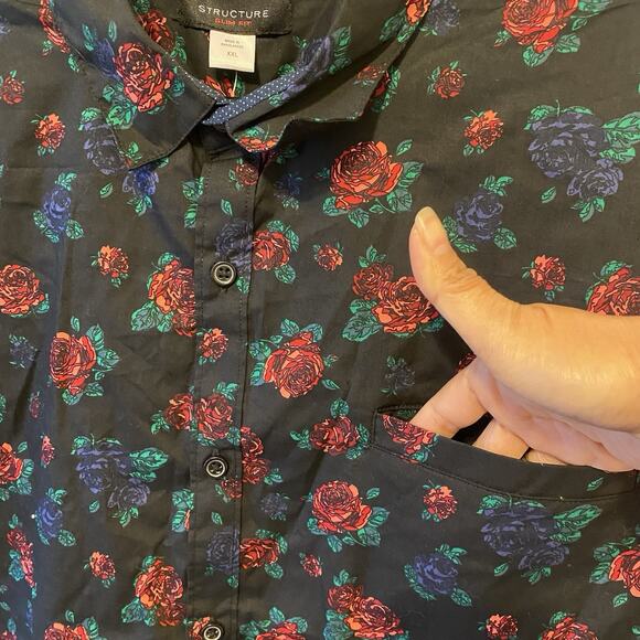 New Y2K Structure SlimFit Men XXL Cotton ButtonUp Shirt ShortSleeve Black Floral - Picture 7 of 8